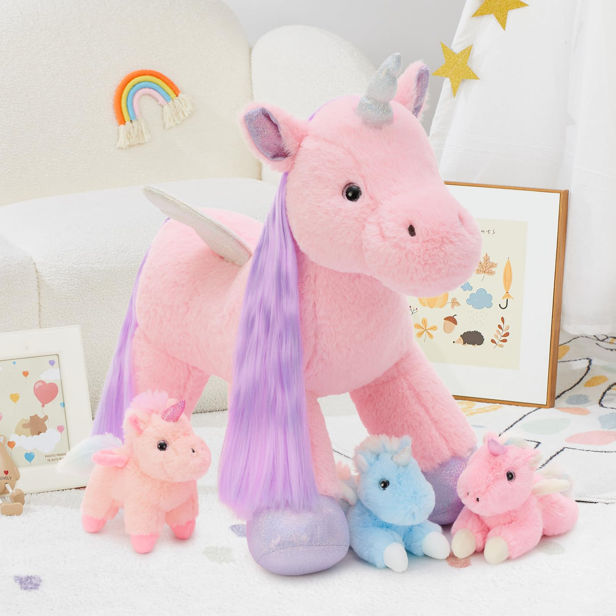 Tezituor Pink Unicorn Plush with Hair & Wings – 3 Babies Inside