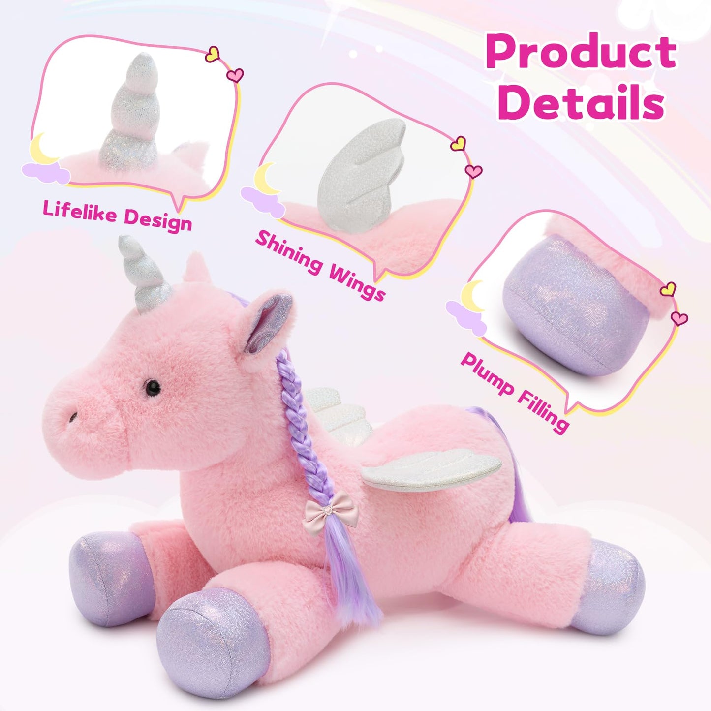 Tezituor Pink Unicorn Plush with Hair & Wings – 3 Babies Inside