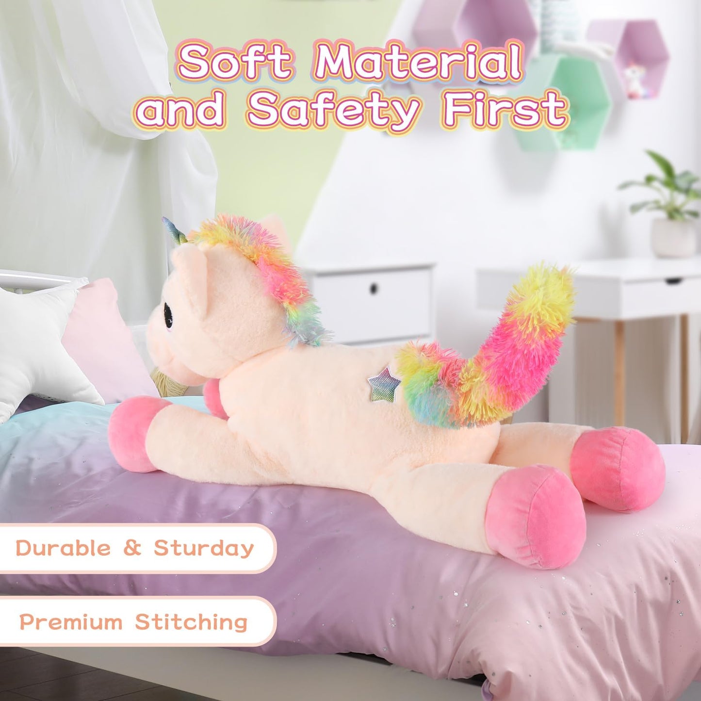 Tezituor 43'' Big Unicorn Plush Toy – Off-White Giant Unicorn Stuffed Animal
