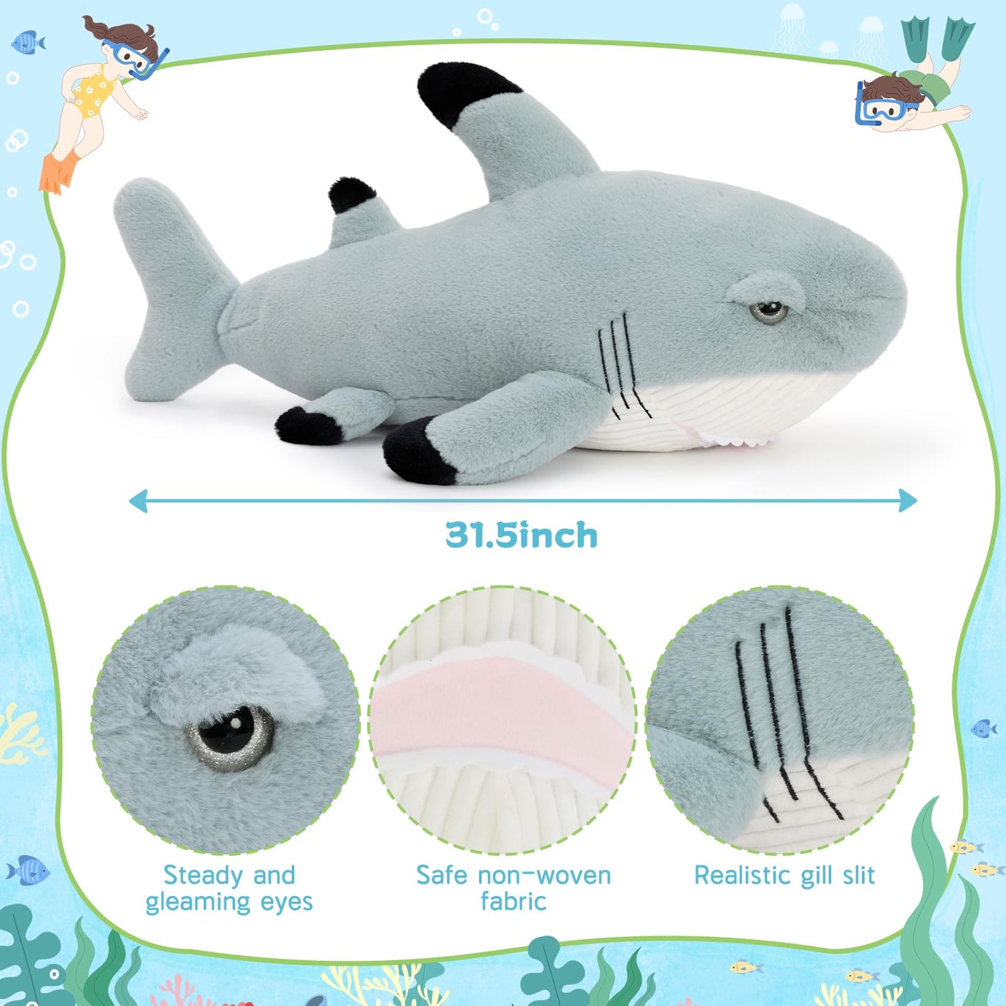 Tezituor 32in Great White Shark Plush – Large Shark Stuffed Animal & Pillow