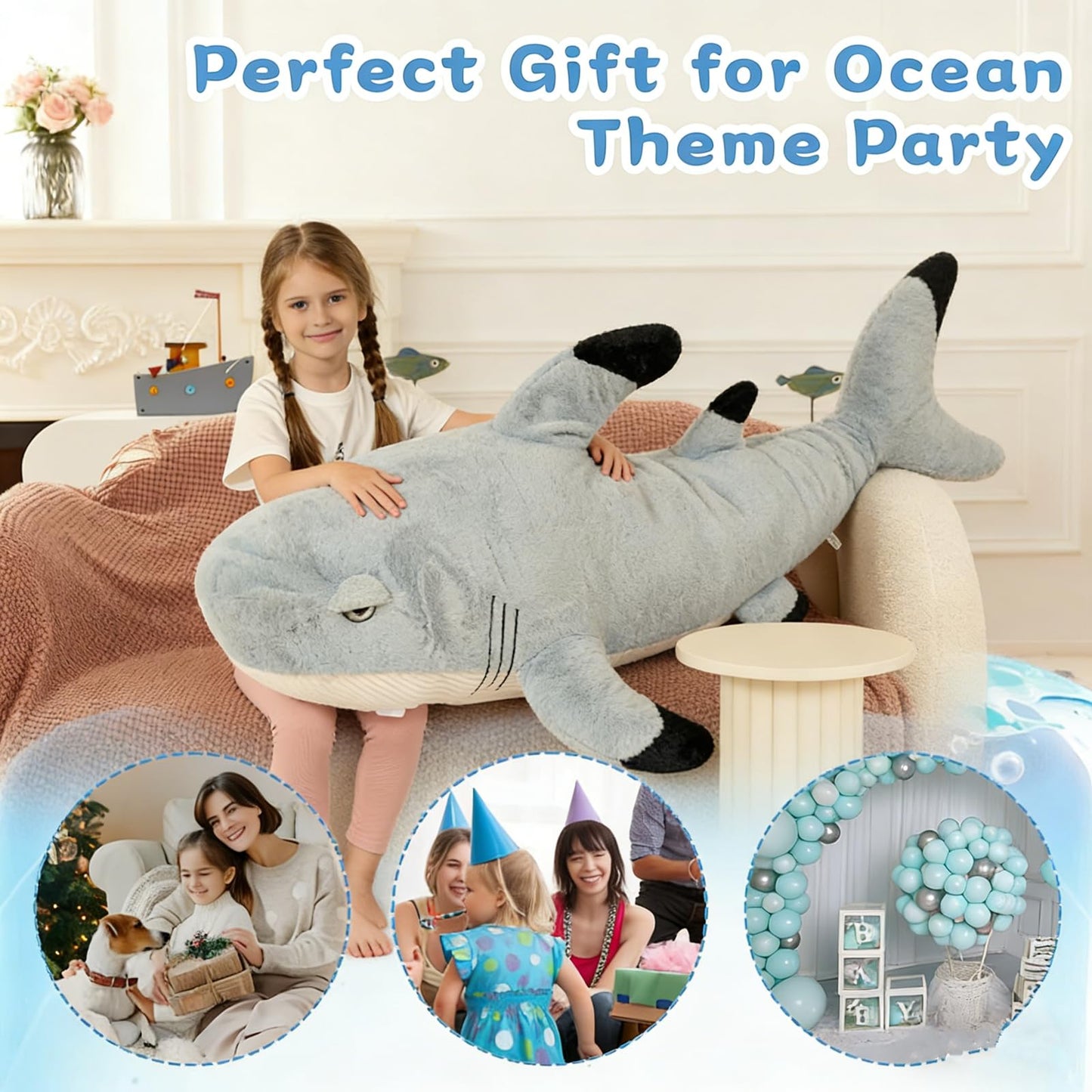 Tezituor 32in Great White Shark Plush – Large Shark Stuffed Animal & Pillow