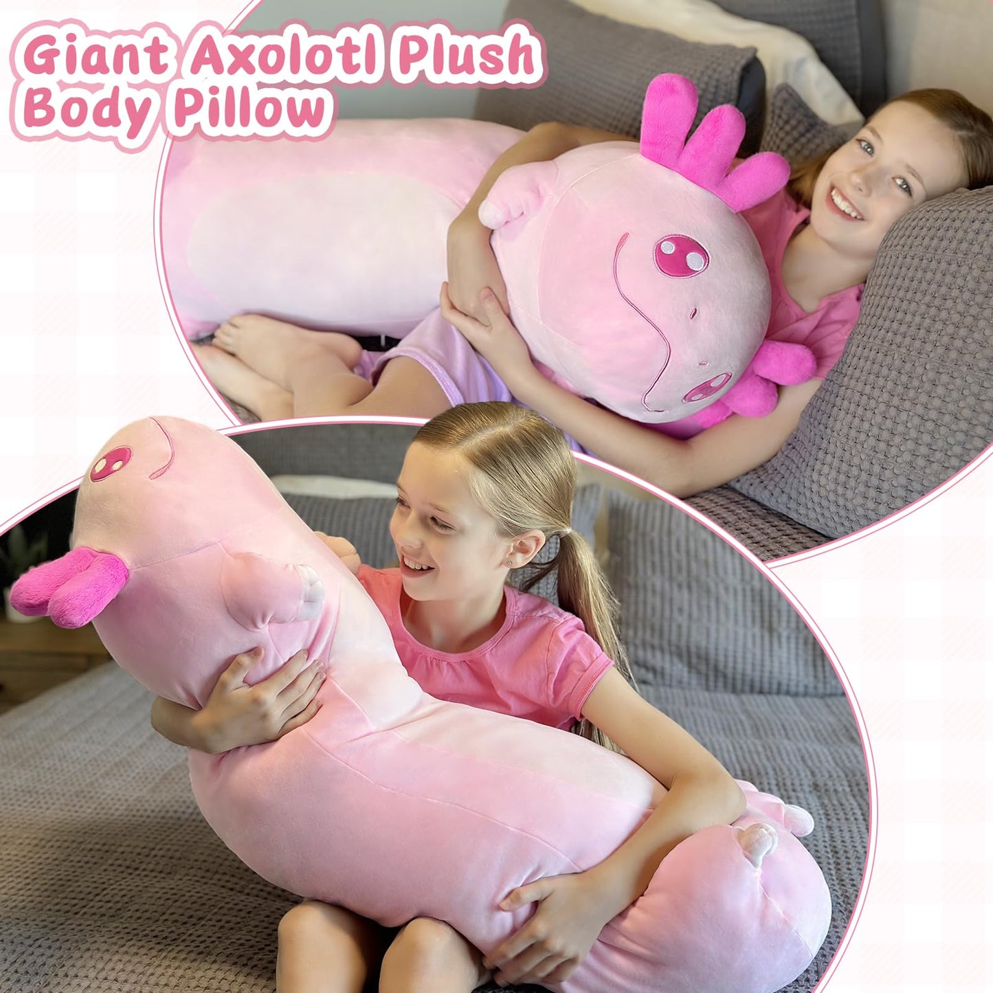 Tezituor Long Axolotl Plush Body Pillow — 39.5-Inch Giant Pink Cuddle Pillow