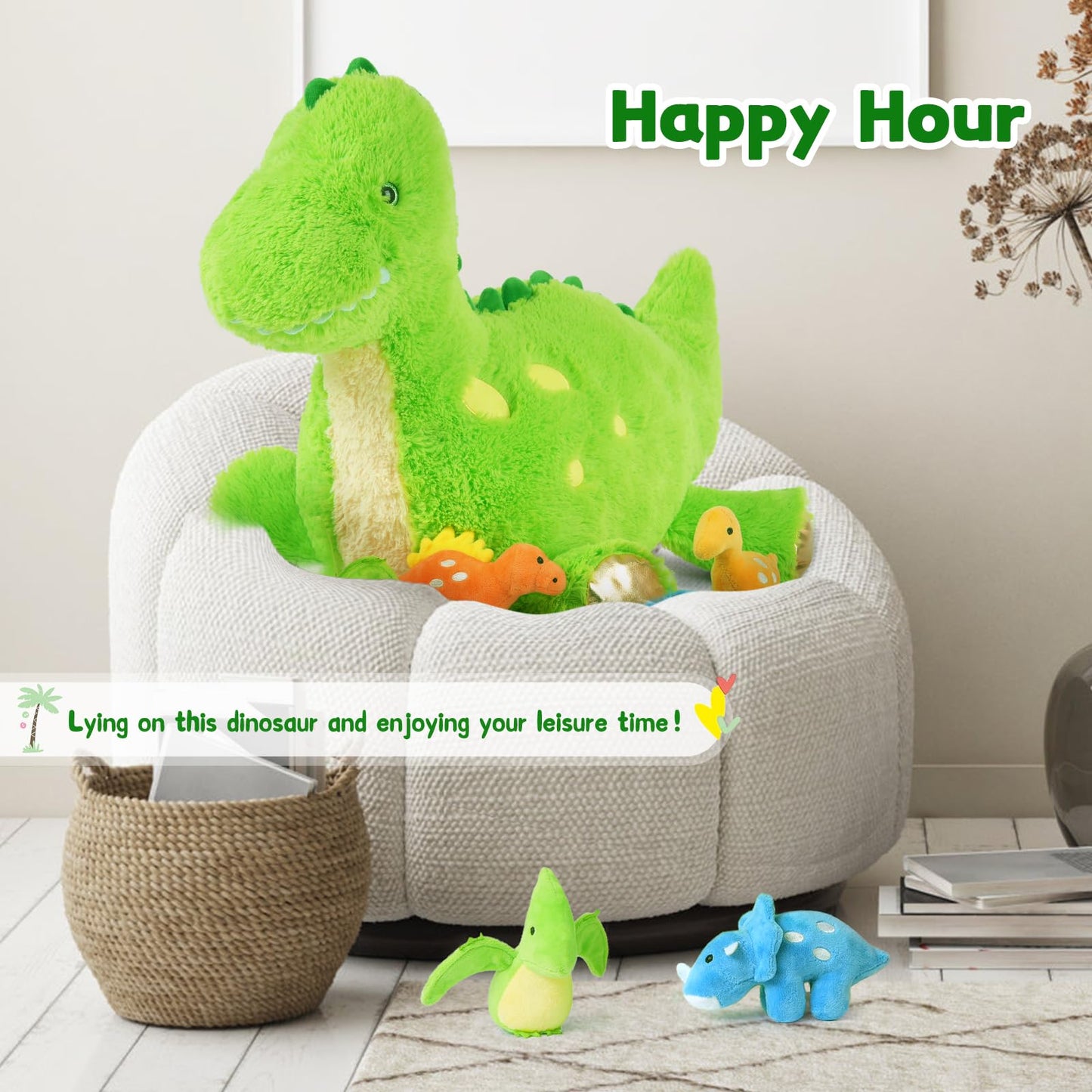 Tezituor Cute Dinosaur Plush Set – 26-Inch Green Dino with 4 Baby Dinos