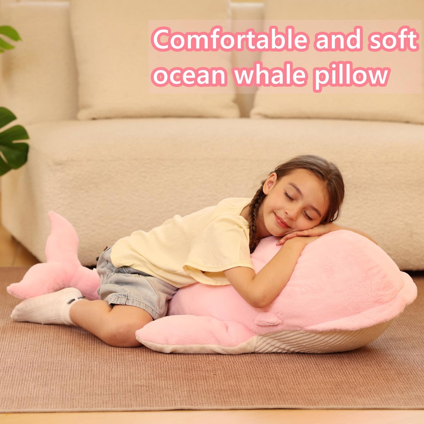 Tezituor 4ft Pink Whale Plush Pillow – Giant Whale Stuffed Animal for Kids & Adults | Home Decor Gift