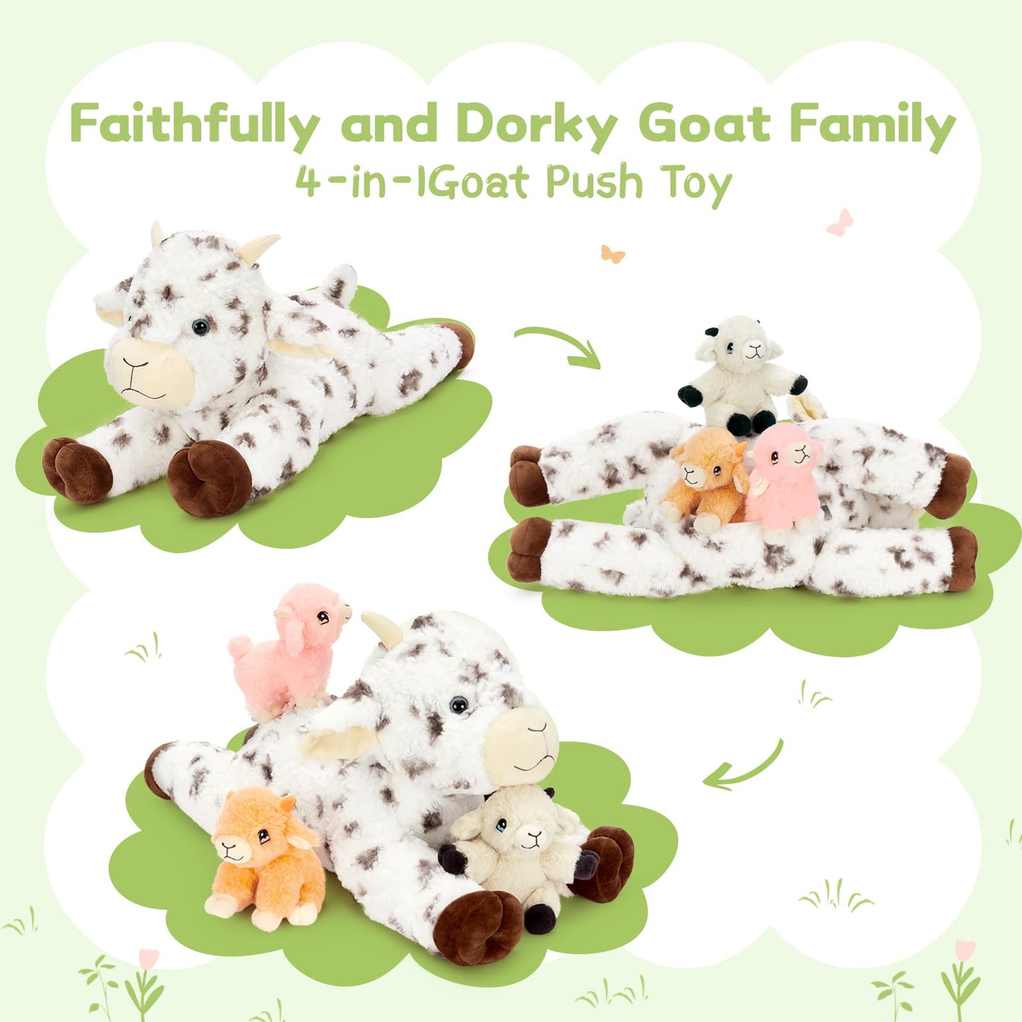 Tezituor Spot Lamb Stuffed Animal Set – 22in Mama with 3 Babies in Zipper Belly