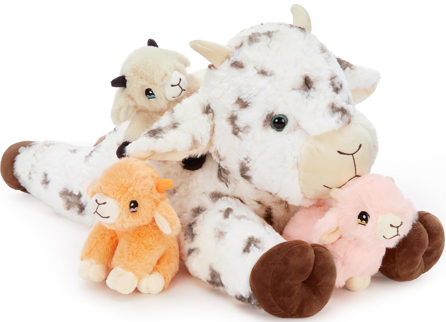 Tezituor Spot Lamb Stuffed Animal Set – 22in Mama with 3 Babies in Zipper Belly