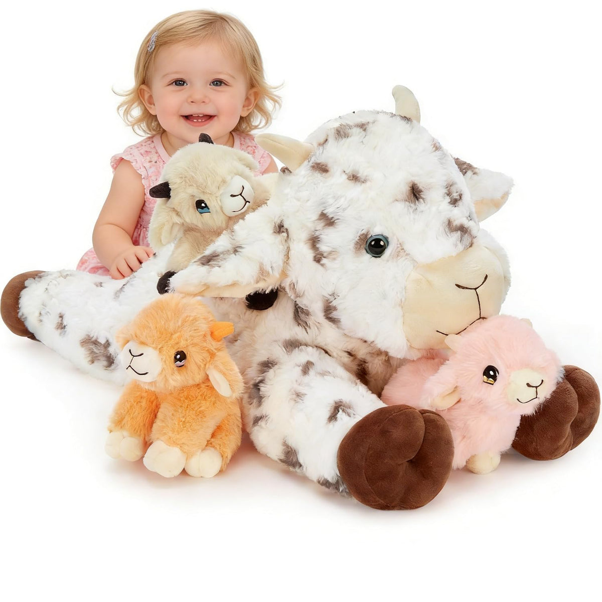 Tezituor Spot Lamb Stuffed Animal Set – 22in Mama with 3 Babies in Zipper Belly