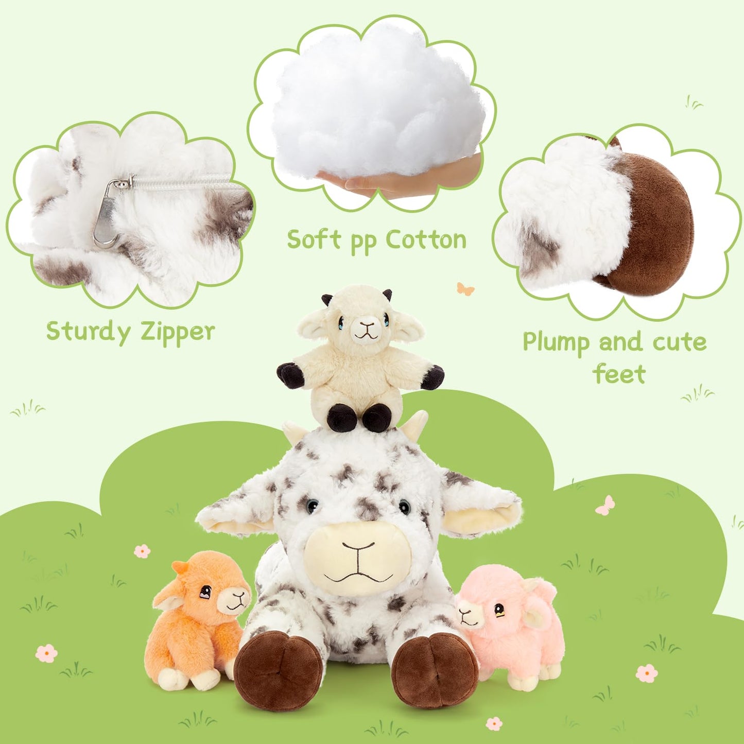 Tezituor Spot Lamb Stuffed Animal Set – 22in Mama with 3 Babies in Zipper Belly