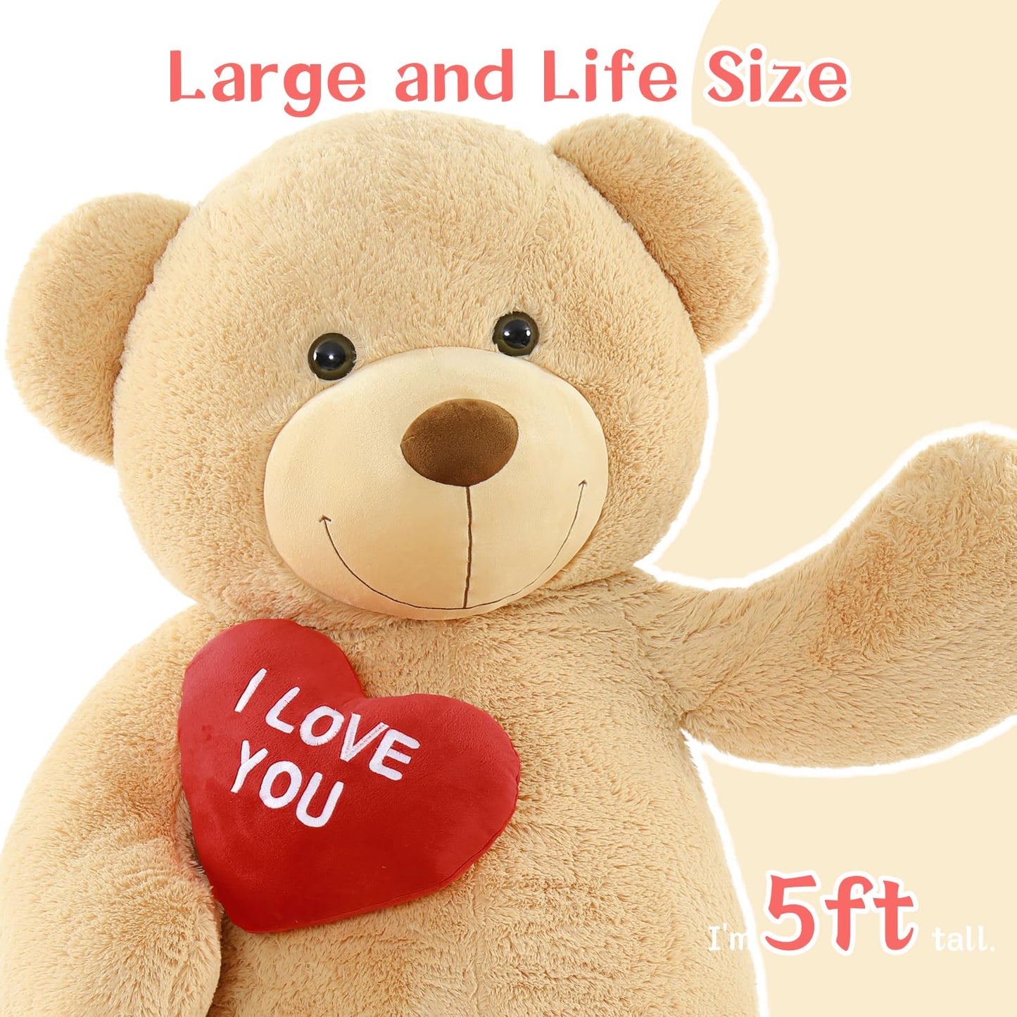 Tezituor Giant Teddy Bear 5ft – Large Brown Plush I Love You Bear | Gift for Kids & Girlfriend