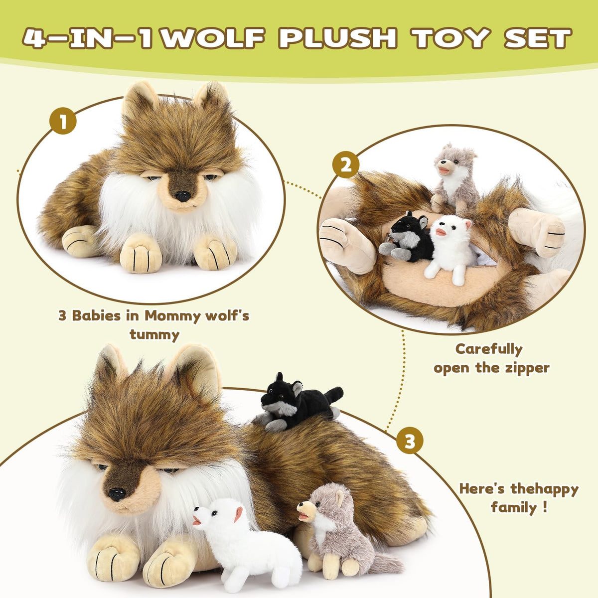 Tezituor 4-Piece Wolf Stuffed Animal Set — 20-Inch Mama Wolf with Three Cubs Plush Toys