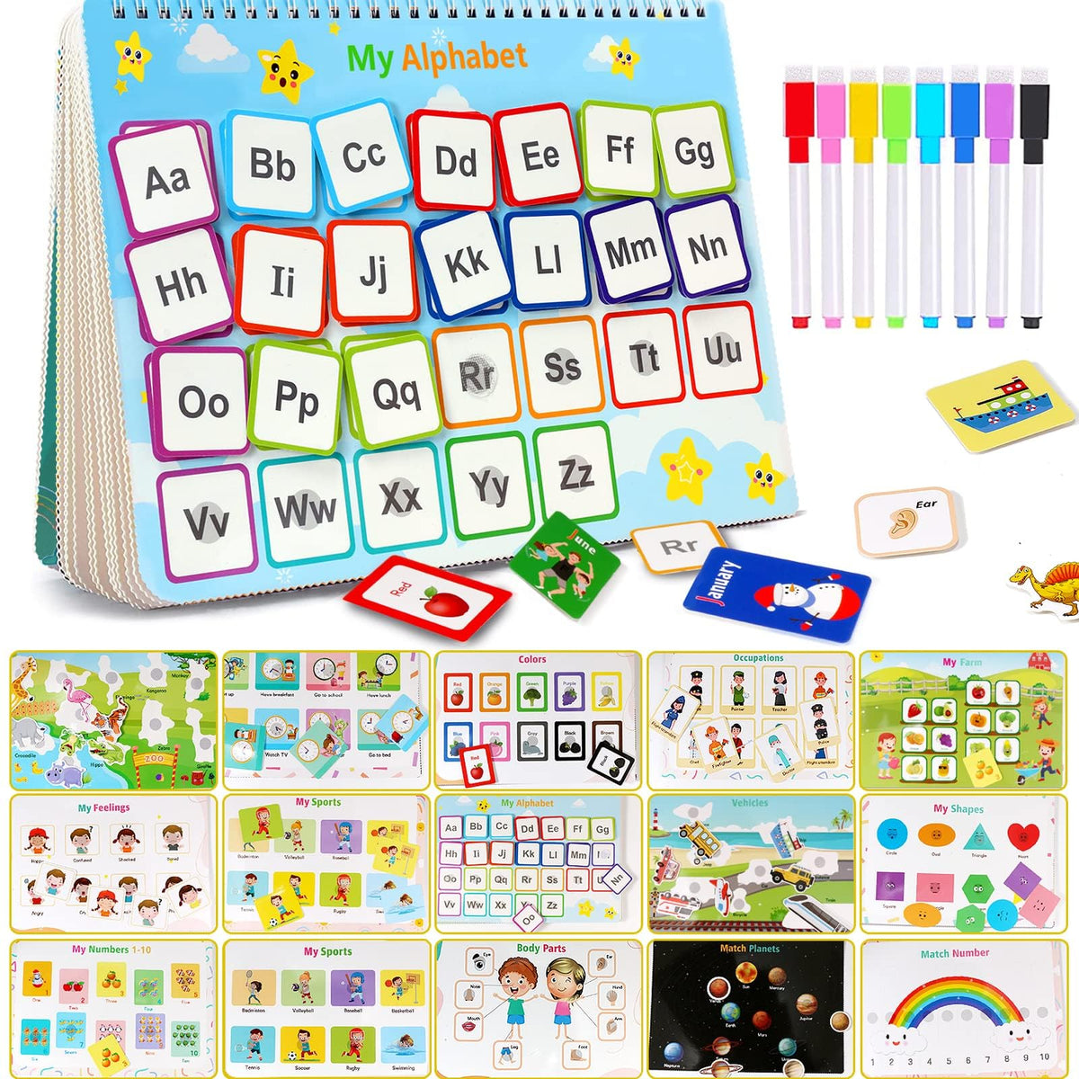 TFS TOP · FANS Montessori Busy Book for Toddlers – 32 Themes, 8 Pens, Preschool Learning Activities (3–5 Years)