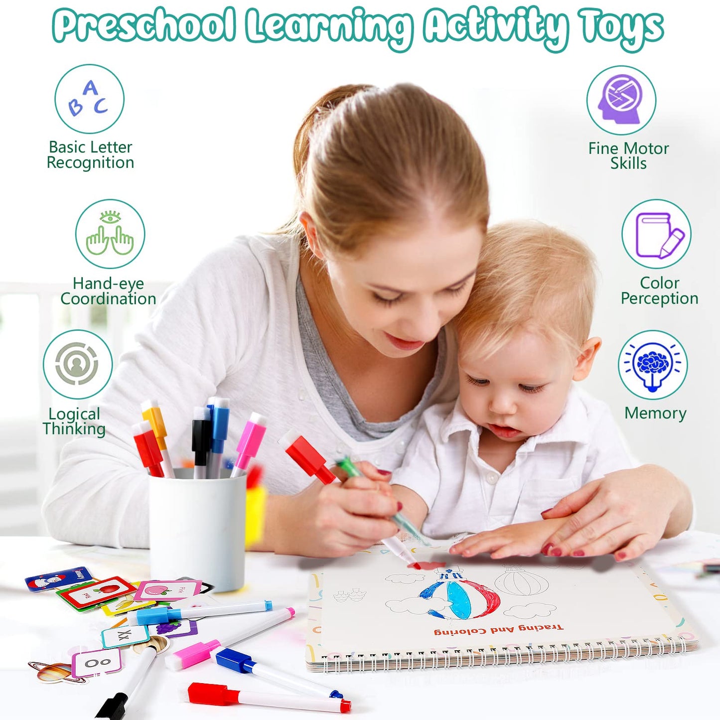TFS TOP · FANS Montessori Busy Book for Toddlers – 32 Themes, 8 Pens, Preschool Learning Activities (3–5 Years)
