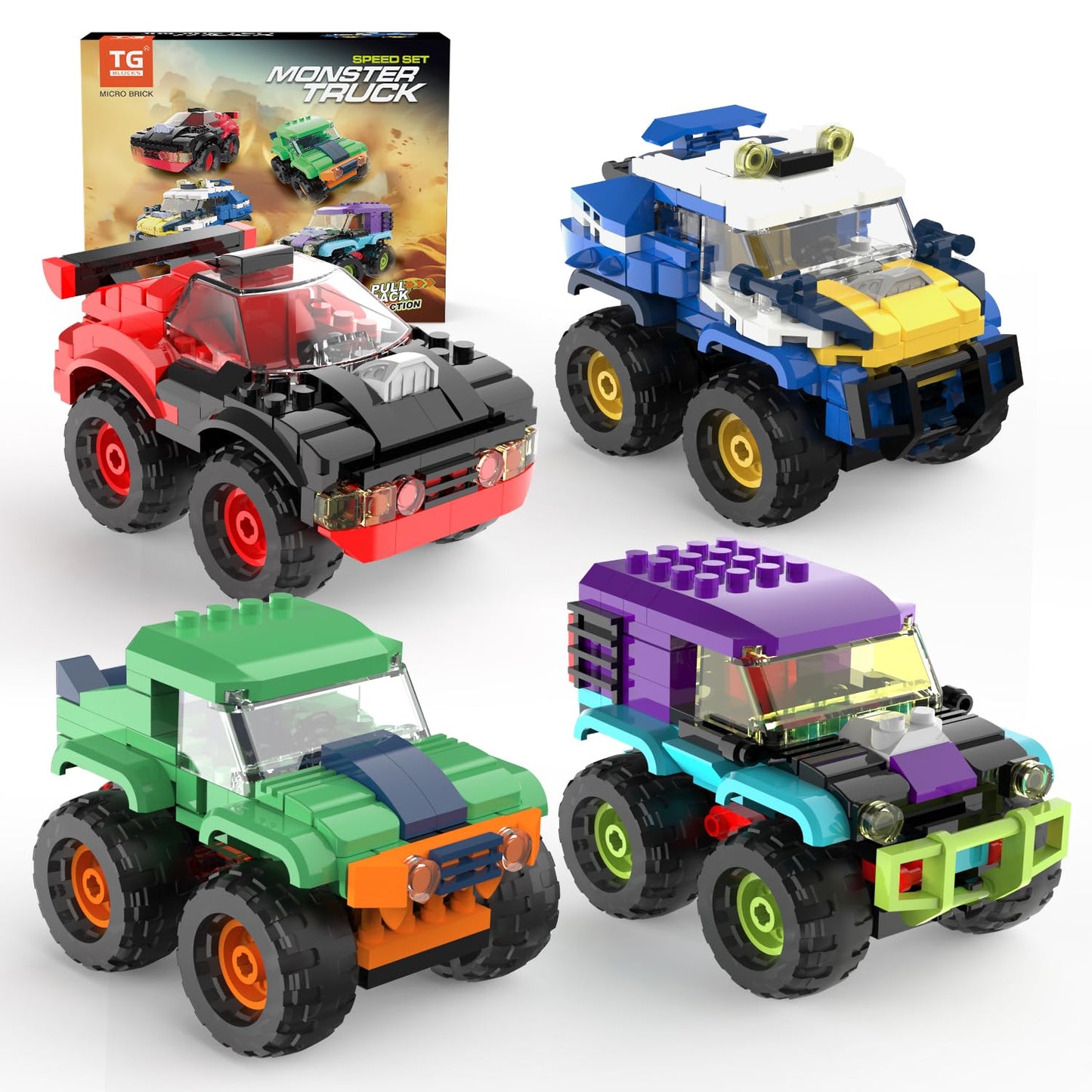 TG BLOCKS 4 Pack Monster Truck Micro Brick Set | Pull-Back Racing Toys for Ages 8+