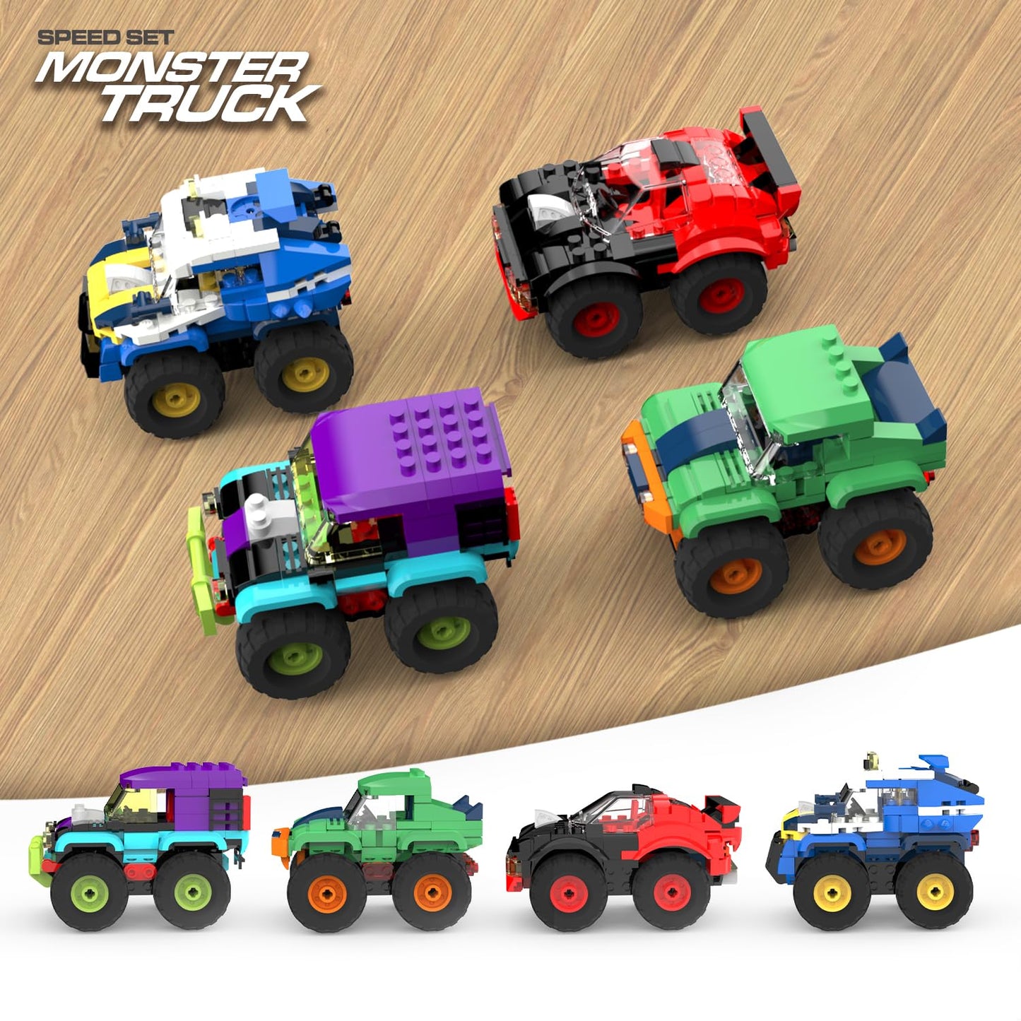 TG BLOCKS 4 Pack Monster Truck Micro Brick Set | Pull-Back Racing Toys for Ages 8+