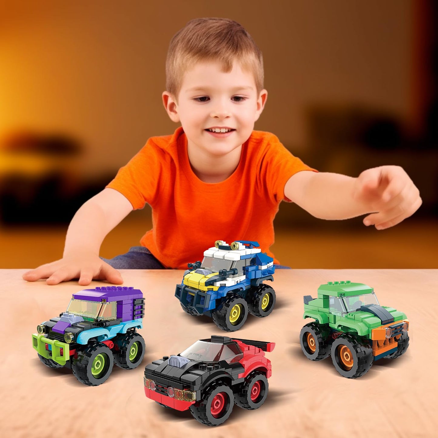 TG BLOCKS 4 Pack Monster Truck Micro Brick Set | Pull-Back Racing Toys for Ages 8+