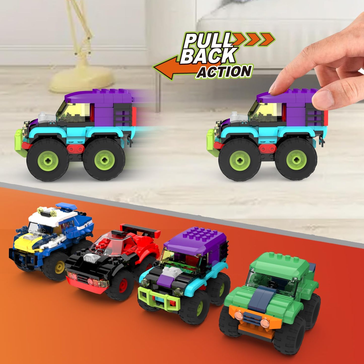 TG BLOCKS 4 Pack Monster Truck Micro Brick Set | Pull-Back Racing Toys for Ages 8+