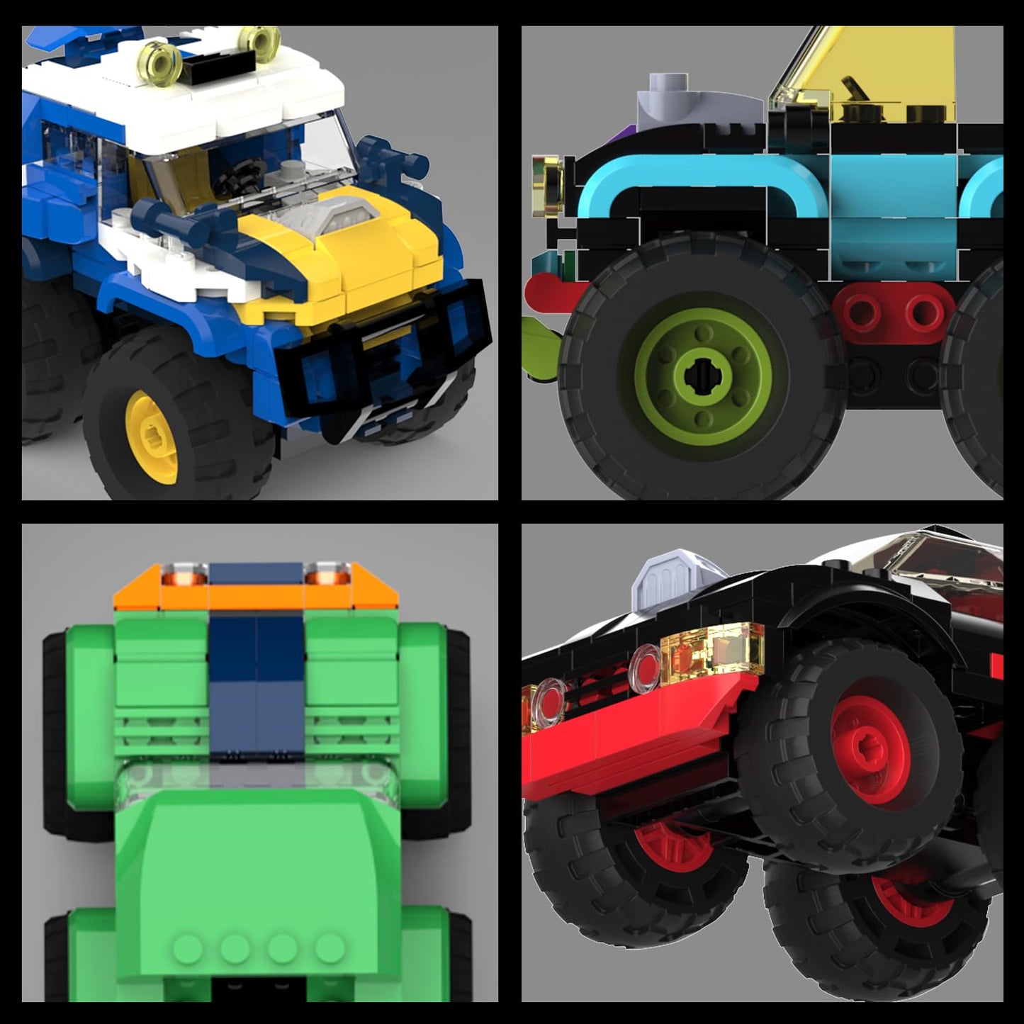 TG BLOCKS 4 Pack Monster Truck Micro Brick Set | Pull-Back Racing Toys for Ages 8+