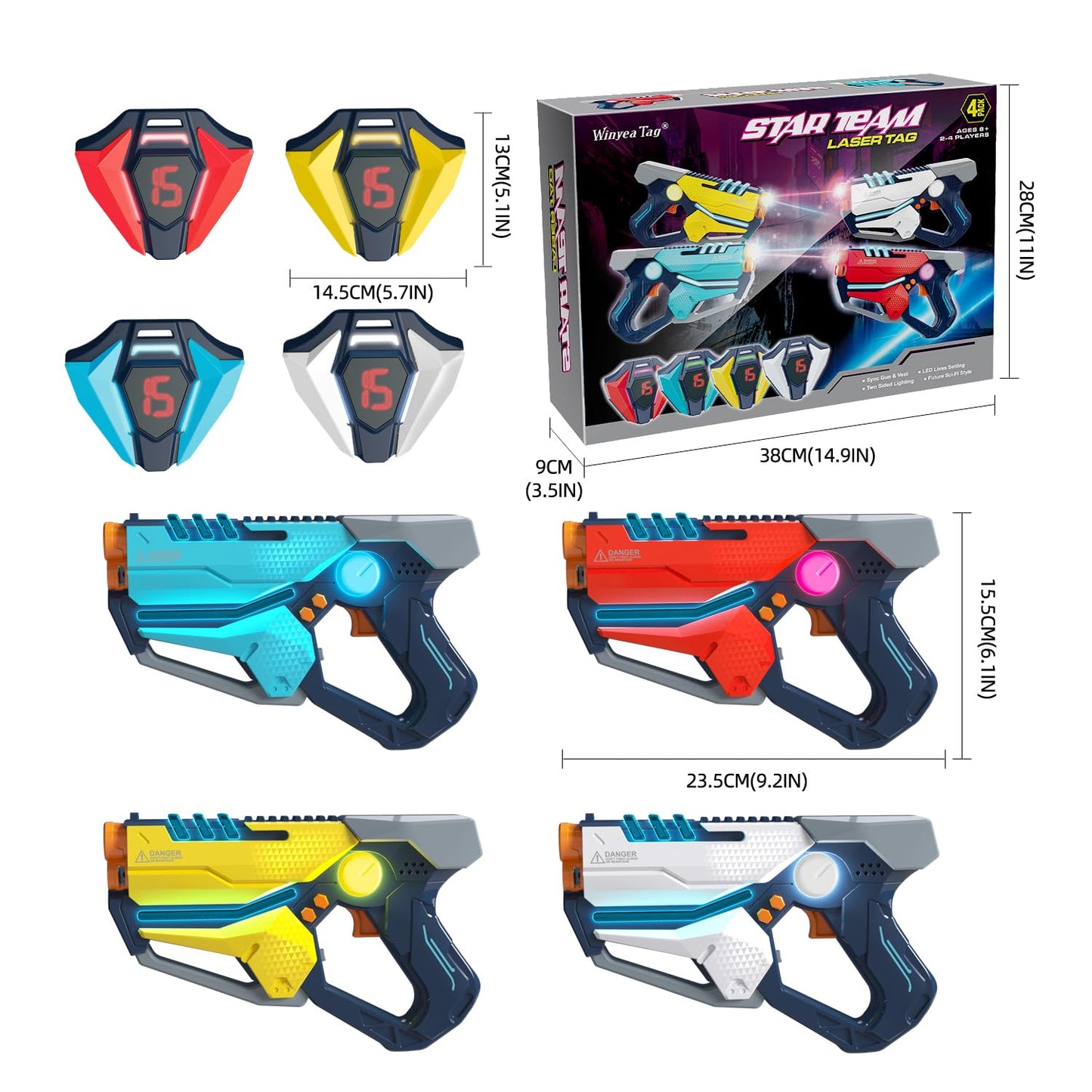 TG BLOCKS Laser Tag Set of 4 — Guns & Vests for Teens & Adults | Group Play