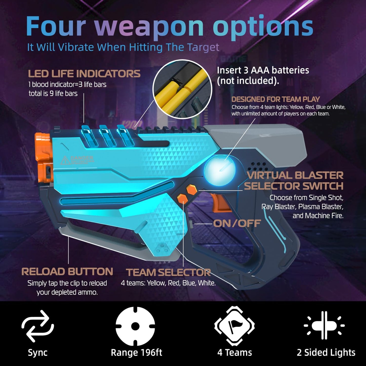 TG BLOCKS Laser Tag Set of 4 — Guns & Vests for Teens & Adults | Group Play