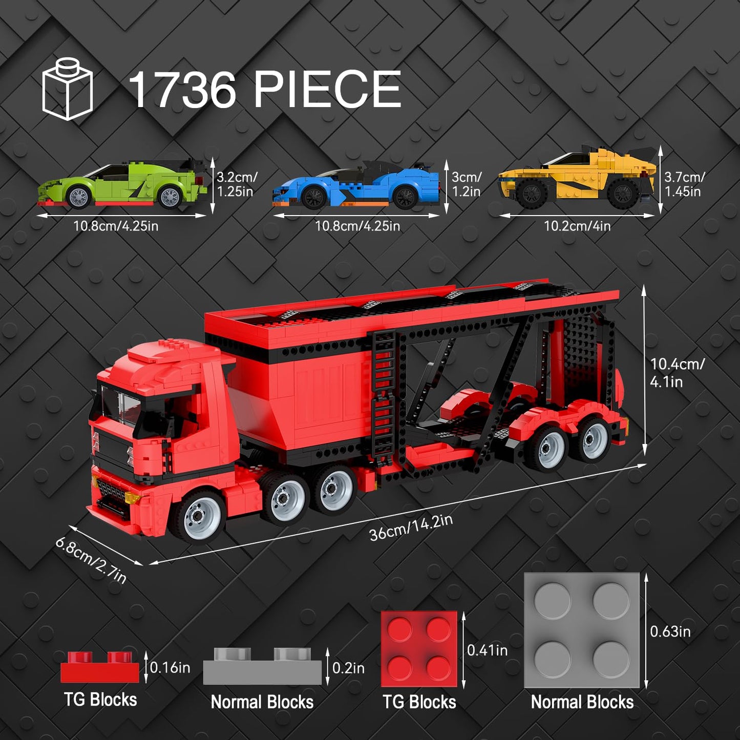 TG BLOCKS Micro Brick Car Transporter – 1736-Piece Building Set with 3 Sports Cars
