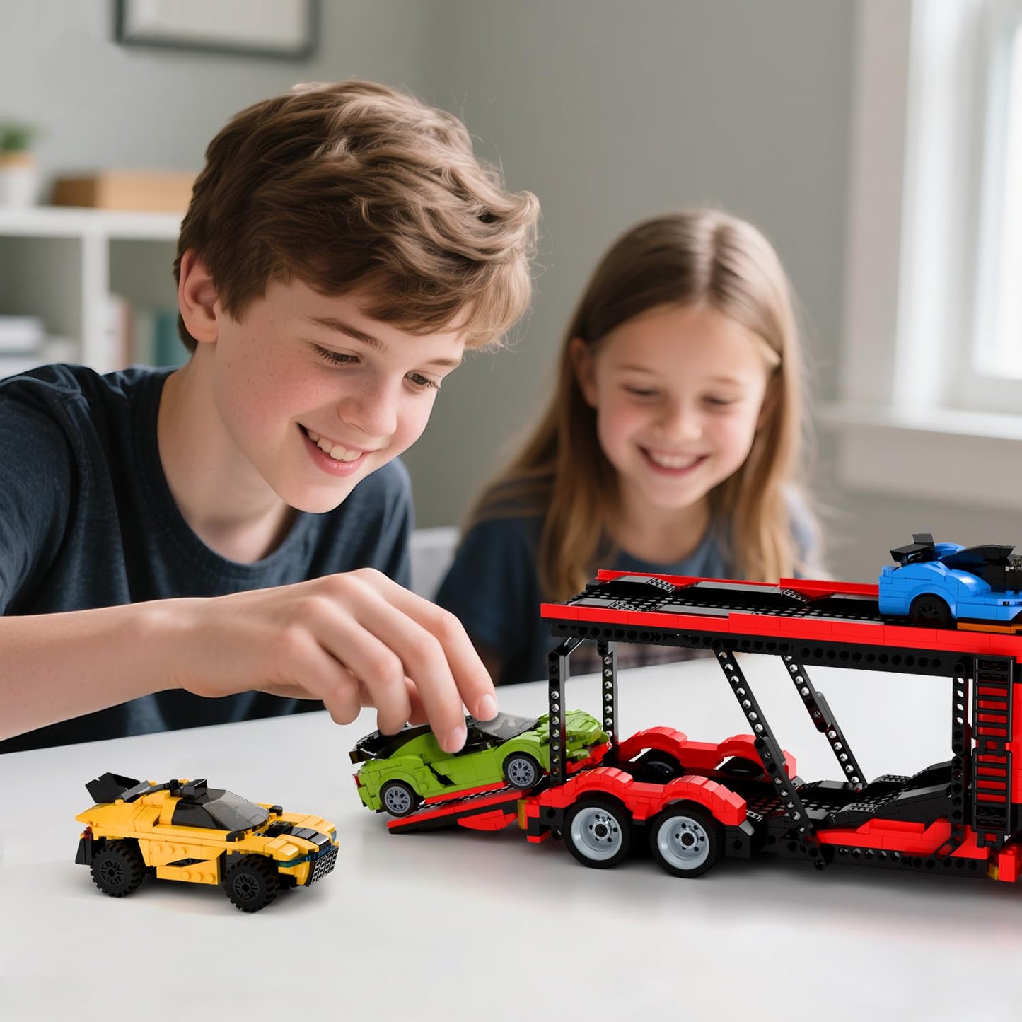 TG BLOCKS Micro Brick Car Transporter – 1736-Piece Building Set with 3 Sports Cars
