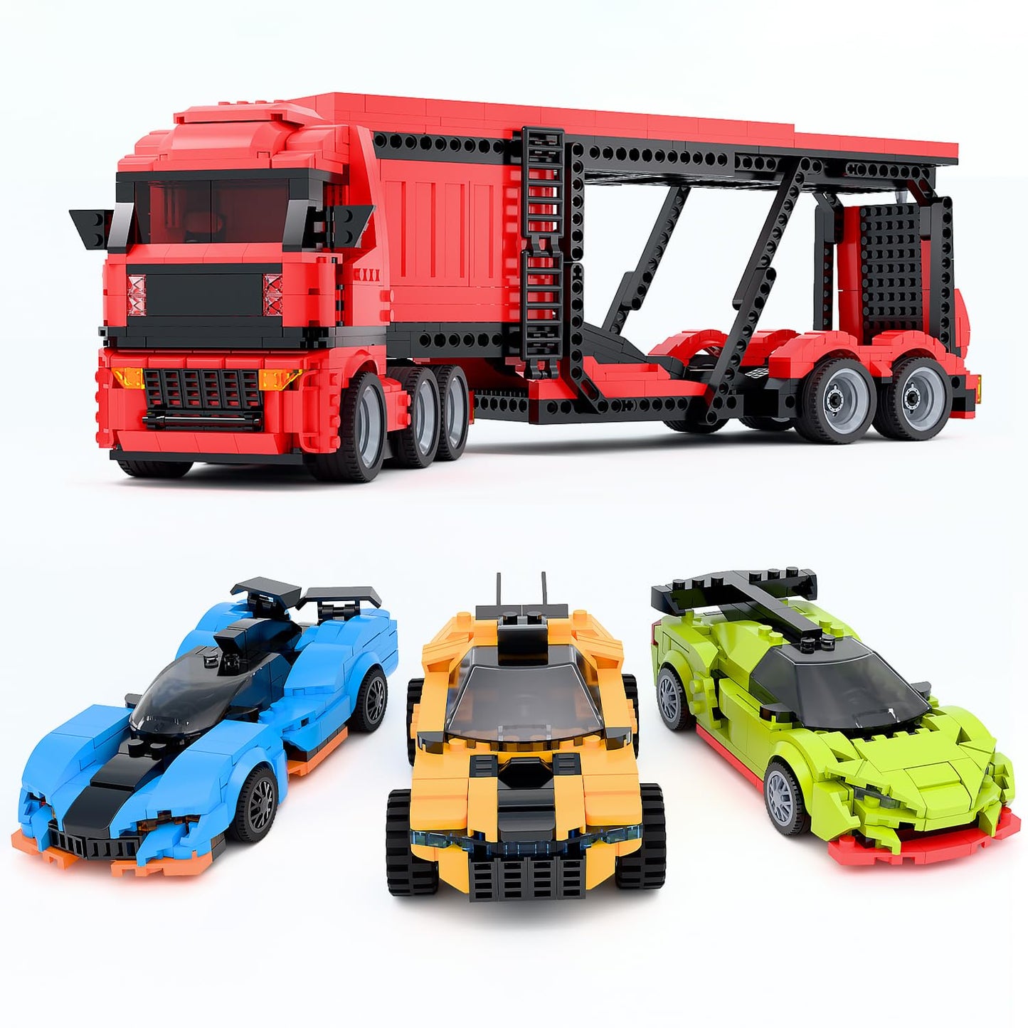 TG BLOCKS Micro Brick Car Transporter – 1736-Piece Building Set with 3 Sports Cars