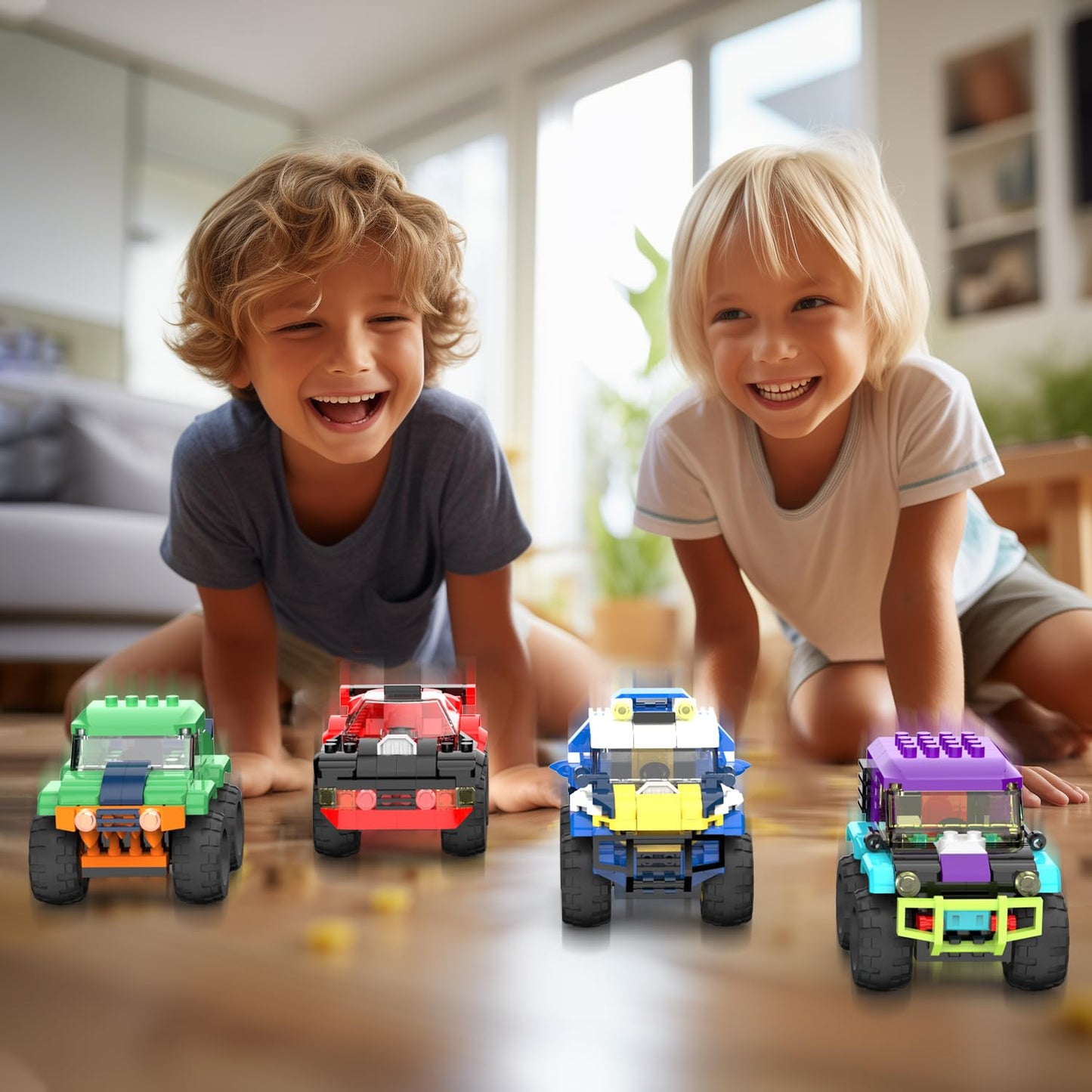 TG BLOCKS 4 Pack Monster Truck Micro Brick Set | Pull-Back Racing Toys for Ages 8+