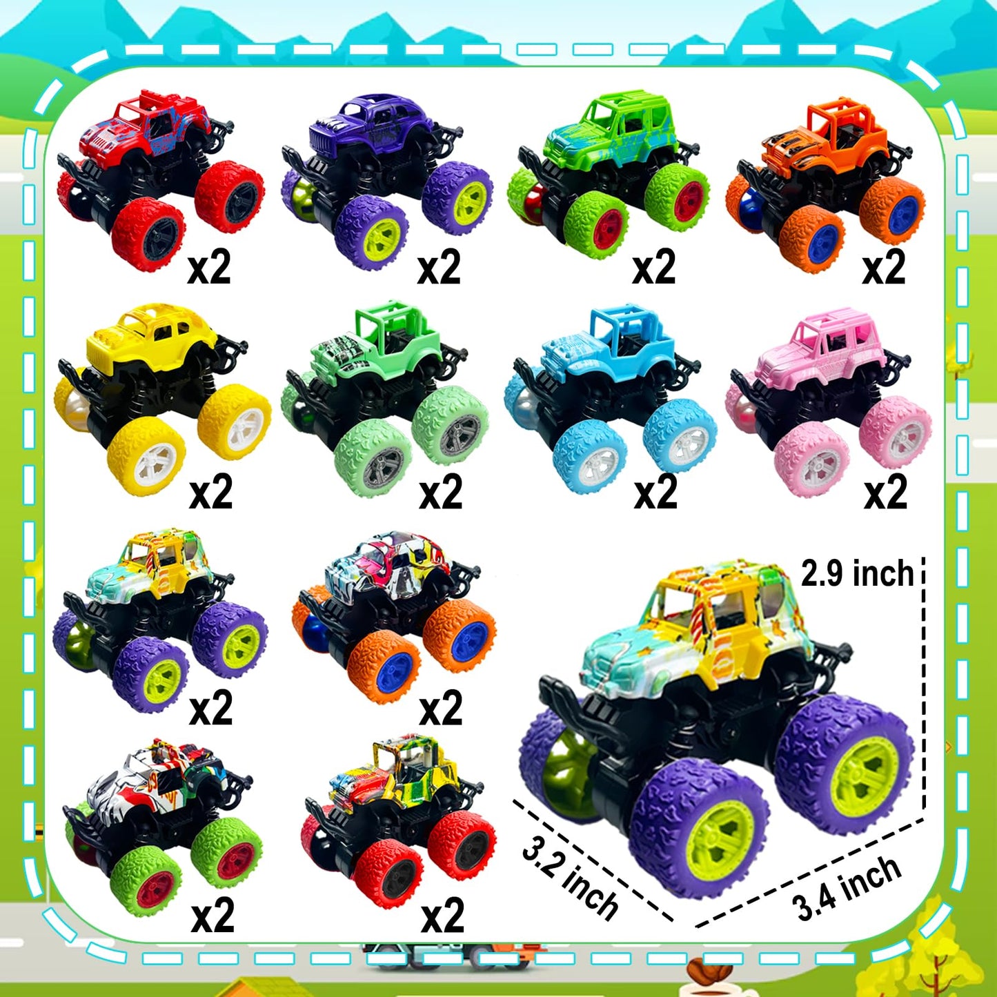 TGIQROVE 24 Pack Mini Monster Trucks — Pull-Back Friction-Powered Toys for Kids