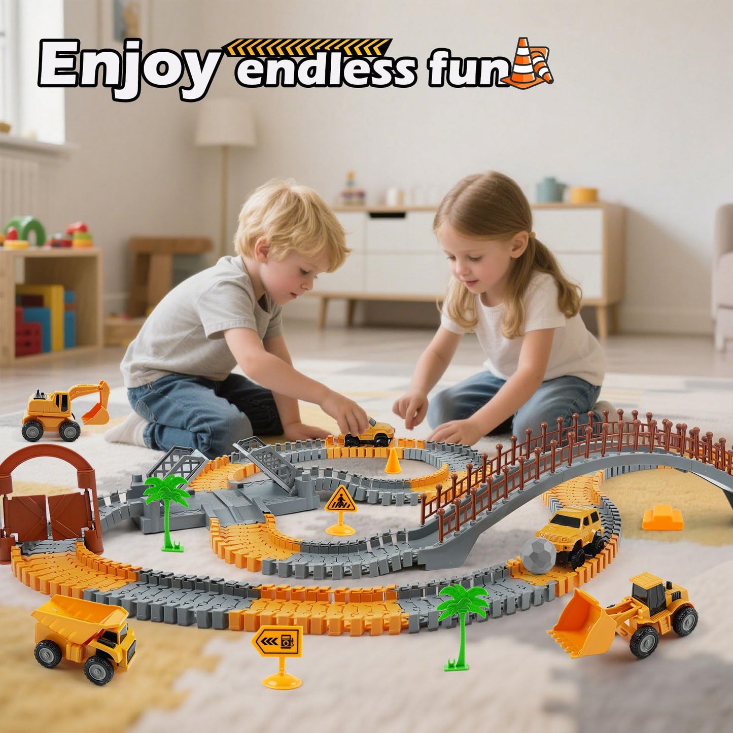 TGJH Construction Race Car Track Set – Flexible DIY Engineering Toy with 2 Electric Cars (Ages 3–7)
