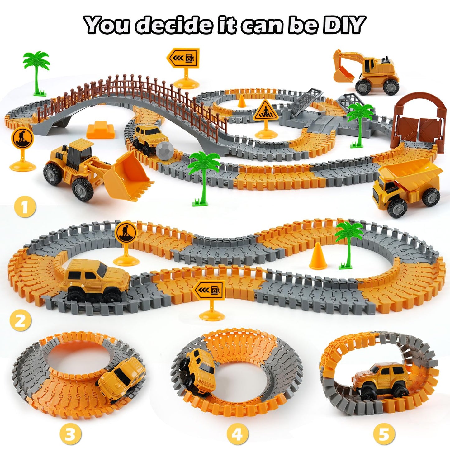 TGJH Construction Race Car Track Set – Flexible DIY Engineering Toy with 2 Electric Cars (Ages 3–7)