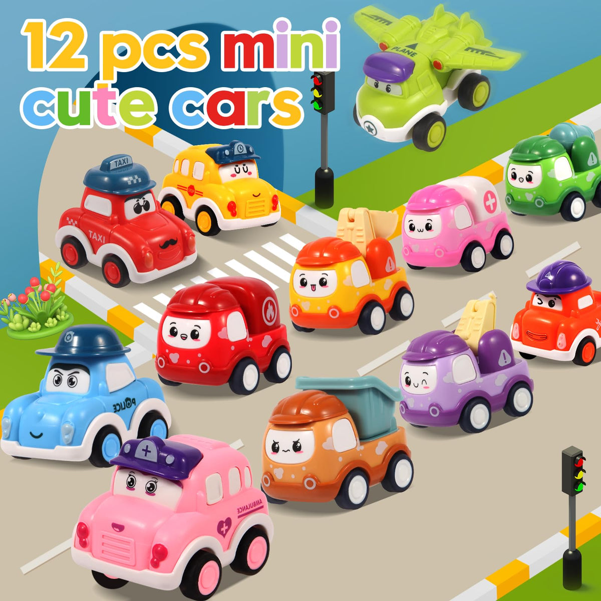 TGXLAK 12-Pc Pull Back Cars Set – Safe Friction Toys for 1-3 Year Olds