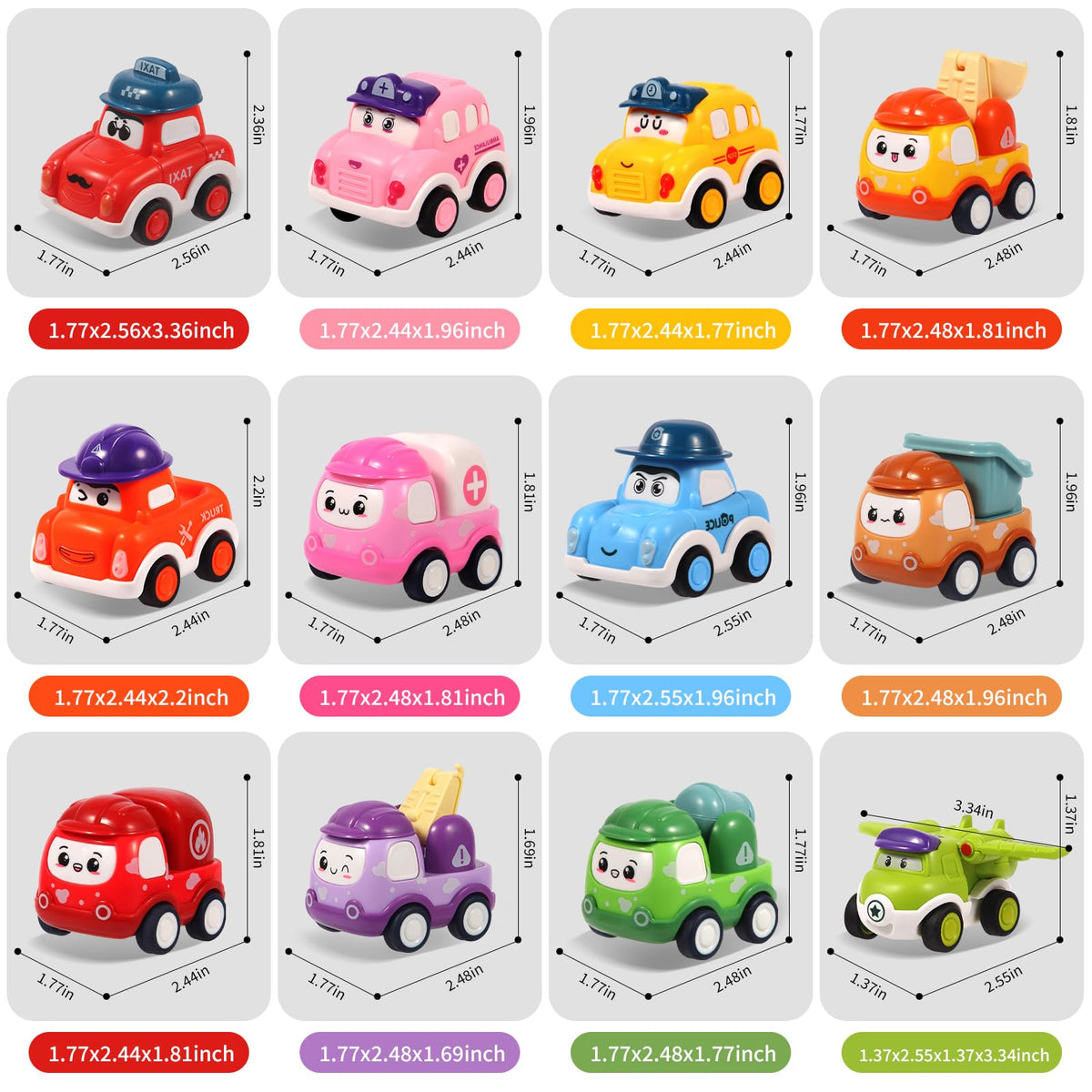 TGXLAK 12-Pc Pull Back Cars Set – Safe Friction Toys for 1-3 Year Olds
