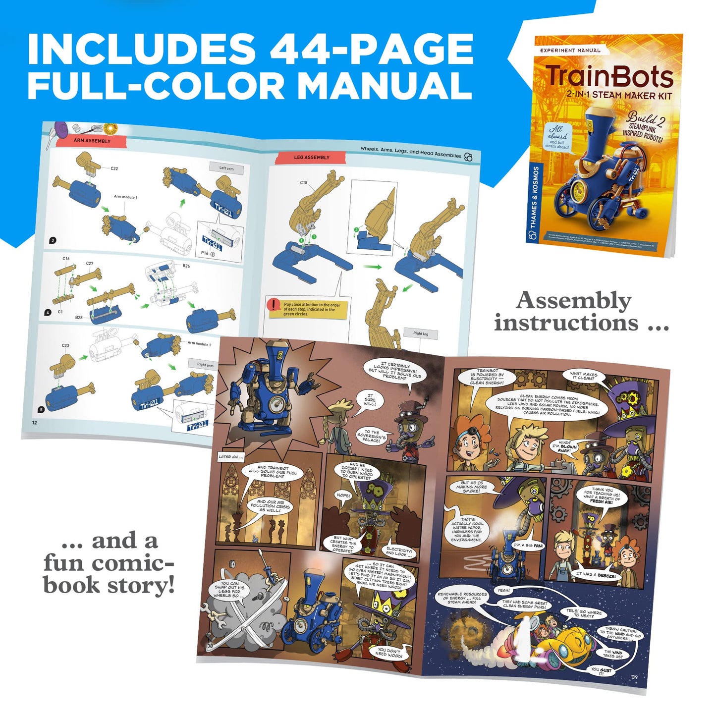 Thames & Kosmos TrainBots: 2-in-1 STEAM Maker Kit | Build Rolling Train & Walking Robot with LED Steam | Ages 8+