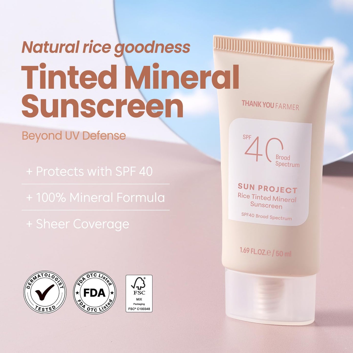 THANKYOU FARMER Sun Project Rice Tinted Mineral Sunscreen SPF40 – No White Cast, Dermatologist-Tested