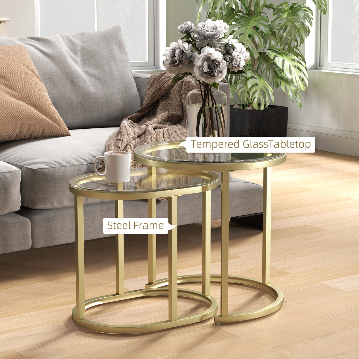 HOMCOM 2 Pcs Modern Coffee Table with Tempered Glass Side Tables Clear
