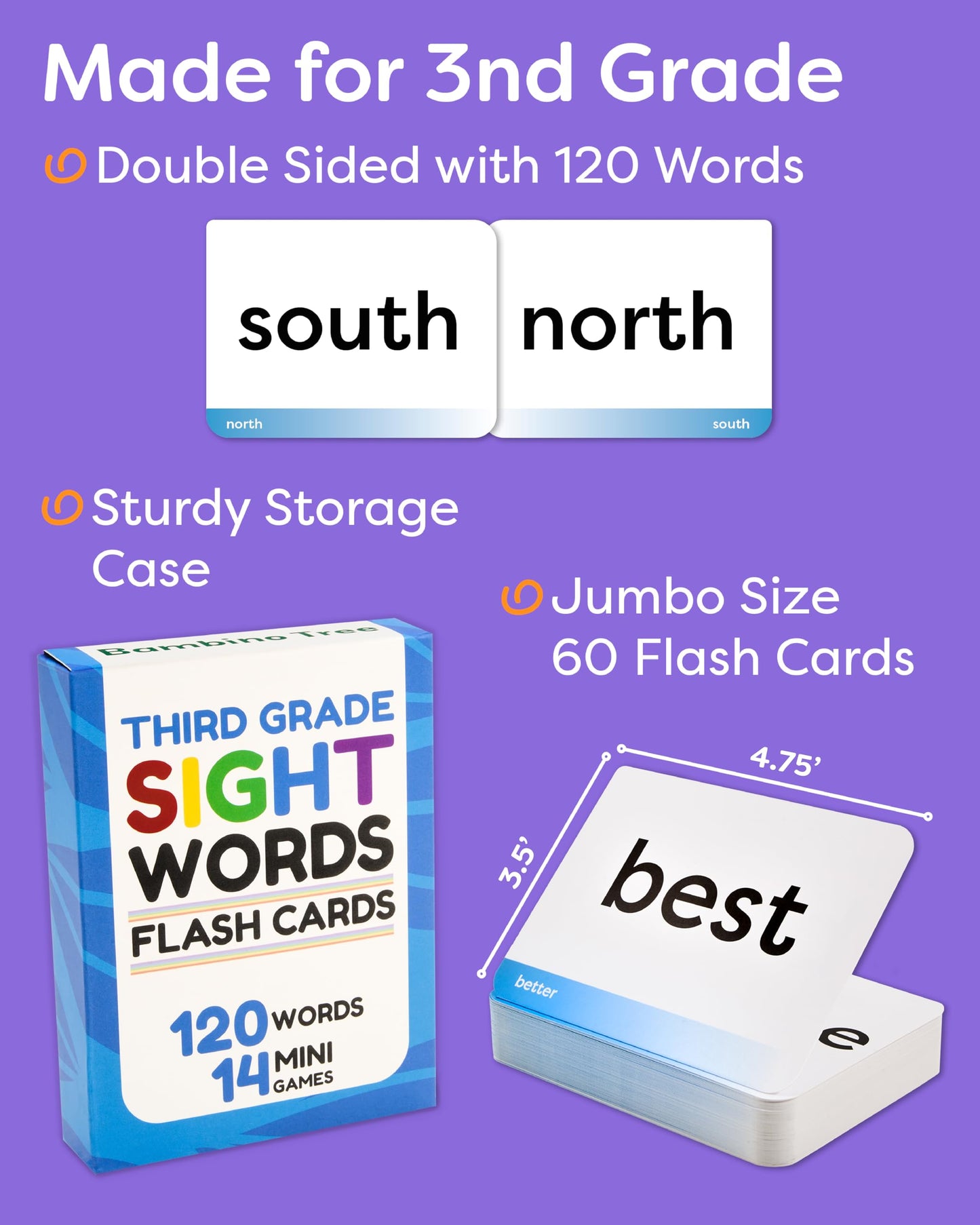 THE BAMBINO TREE Sight Words Flash Cards for 3rd Grade - 120 High-Frequency Words