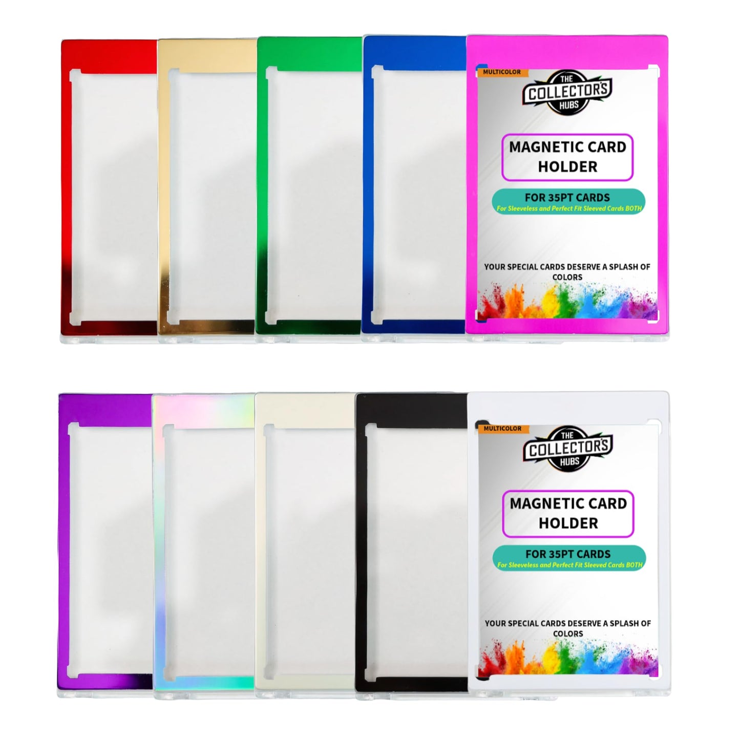 The Collector's Hubs 10CT Magnetic Card Holder – 35pt One-Touch Case, UV-Protected, Diamond Edge, Gold Magnet, 10-Color Pack