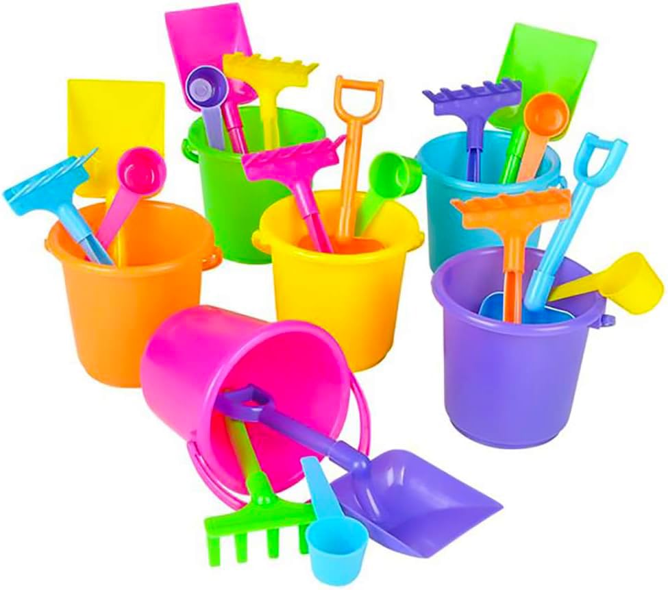 The Dreidel Company 6-Pack Mini Beach Playsets – Neon Sand Toys with Bucket, Shovel, Rake & Scoop