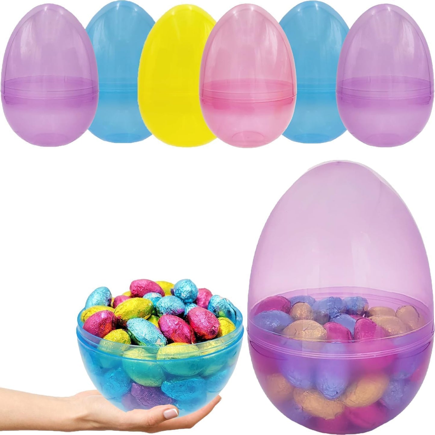 The Dreidel Company 6-Inch Fillable Easter Eggs 6-Pack — Jumbo Translucent Plastic, Stands Upright