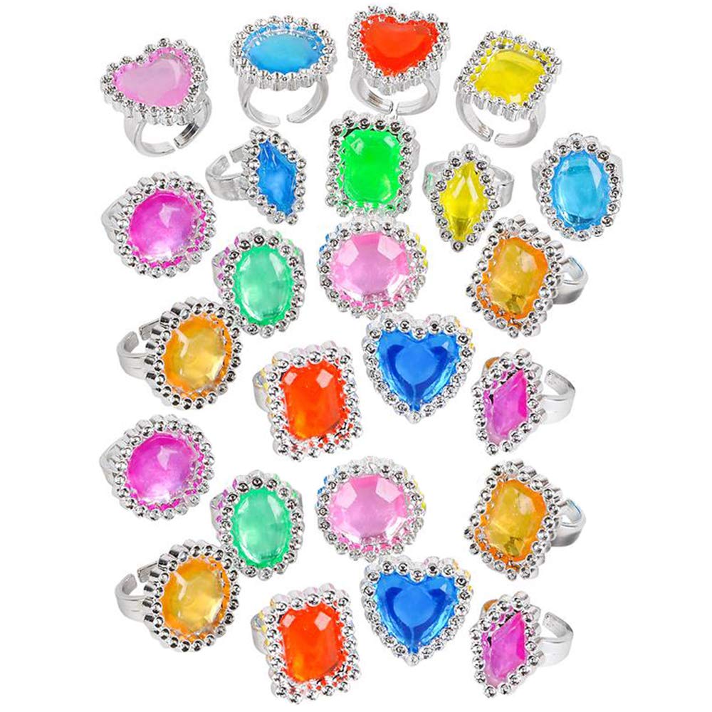 The Dreidel Company 24-Pack Colorful Plastic Jewel Rings – Adjustable Princess Party Jewelry 1-Inch