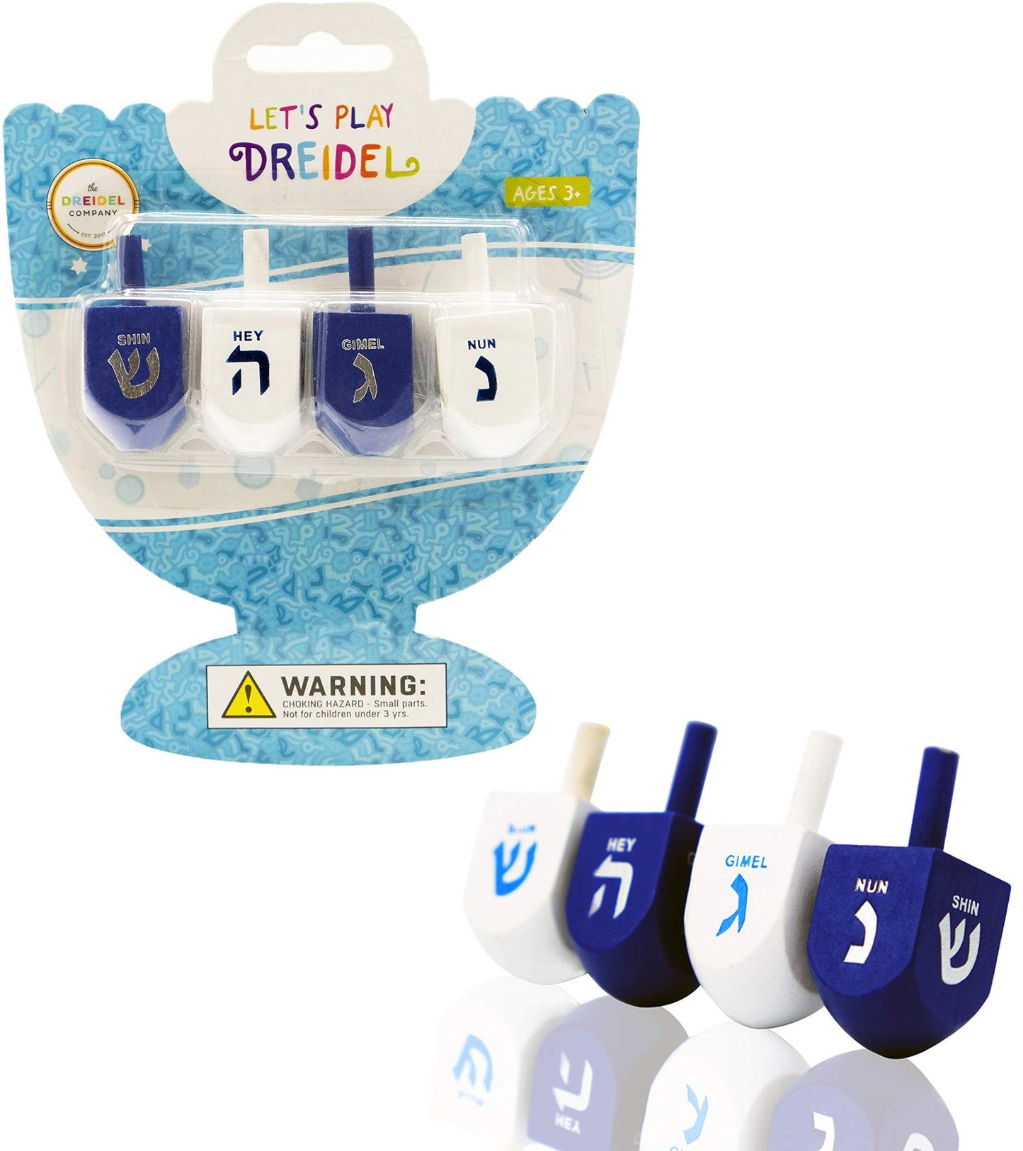 The Dreidel Company Bulk Blue & White Wooden Dreidels with English Transliteration (4-Pack)
