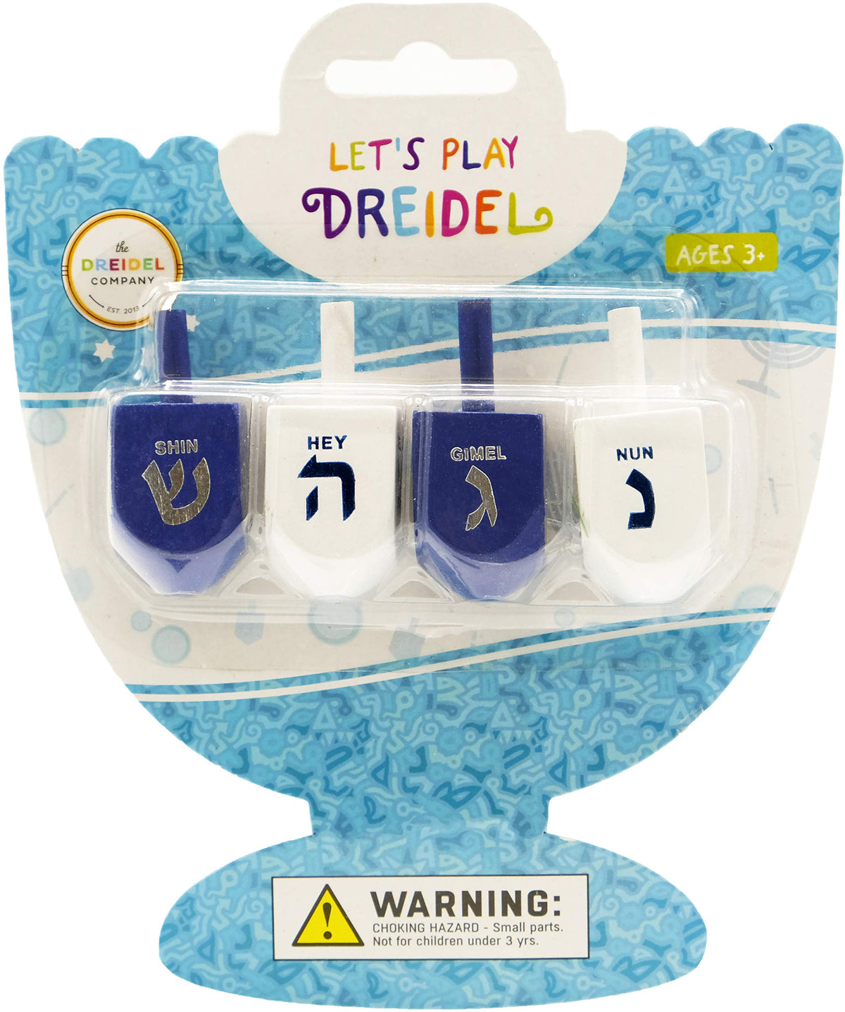 The Dreidel Company Bulk Blue & White Wooden Dreidels with English Transliteration (4-Pack)