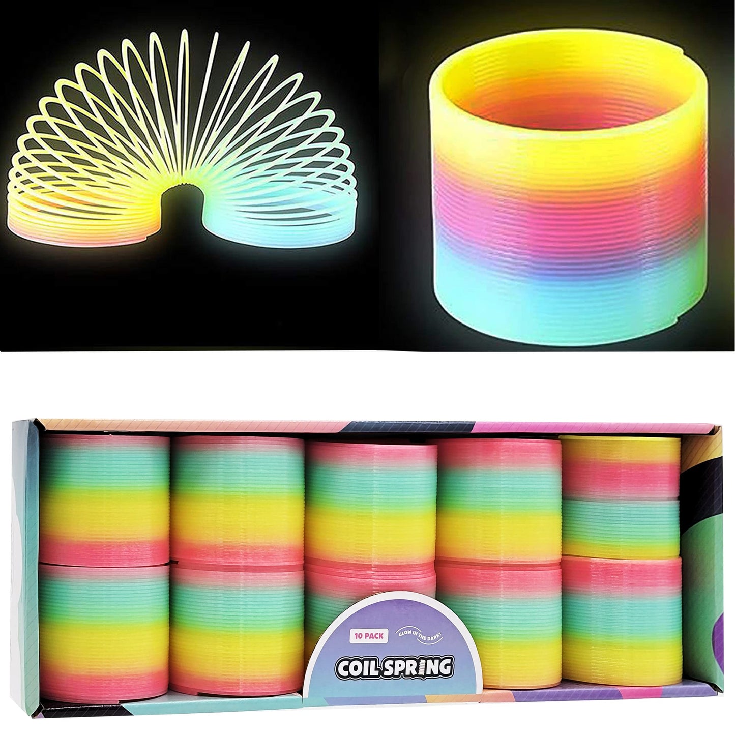 The Dreidel Company Glow-in-the-Dark Rainbow Coil Spring Slingy 3-inch (80mm) - 10 Pack