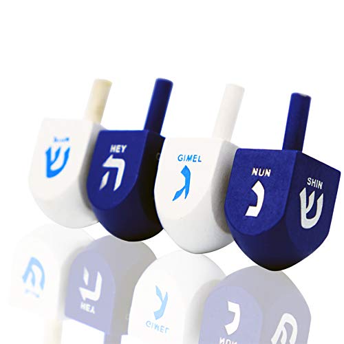 The Dreidel Company Bulk Blue & White Wooden Dreidels with English Transliteration (4-Pack)