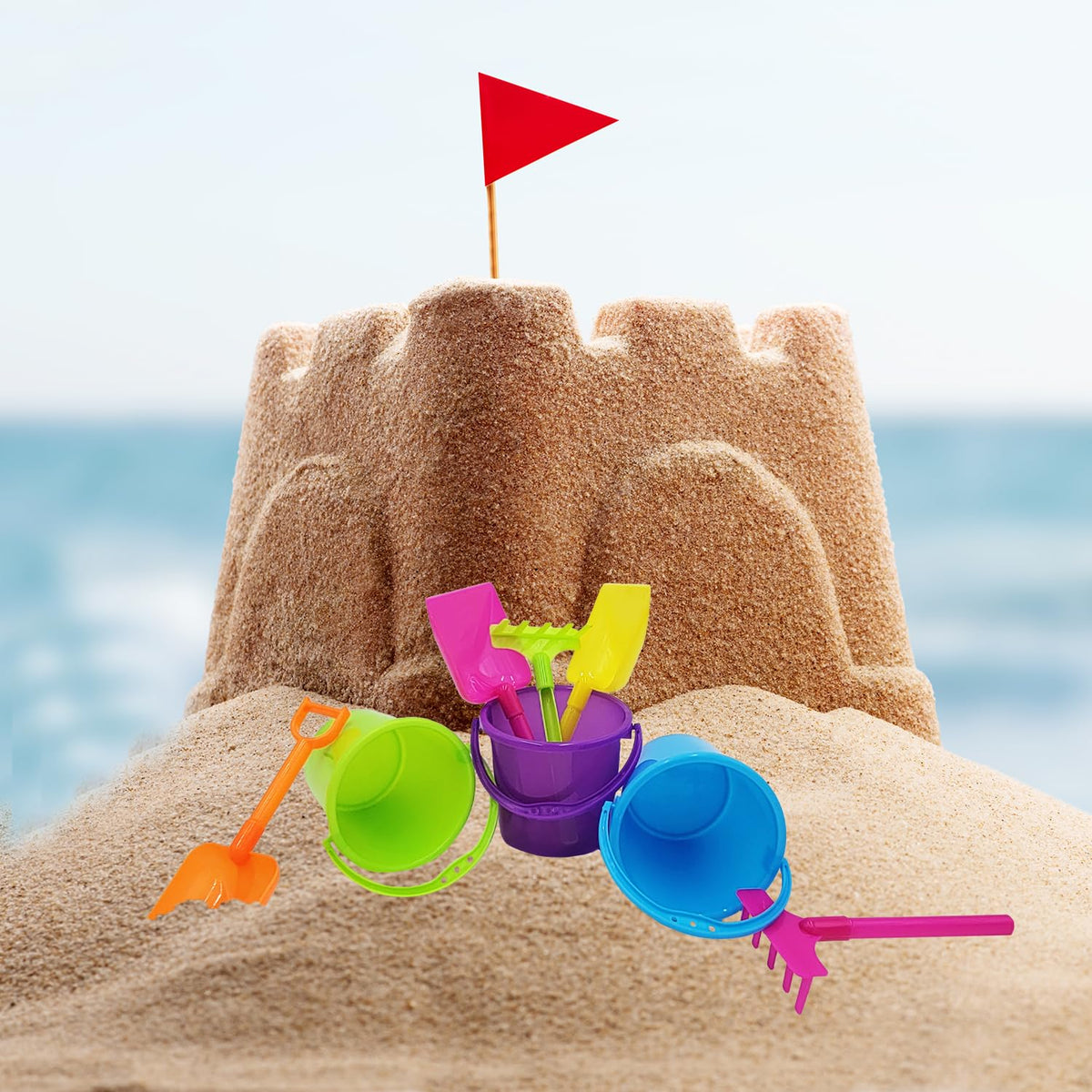 The Dreidel Company 6-Pack Mini Beach Playsets – Neon Sand Toys with Bucket, Shovel, Rake & Scoop