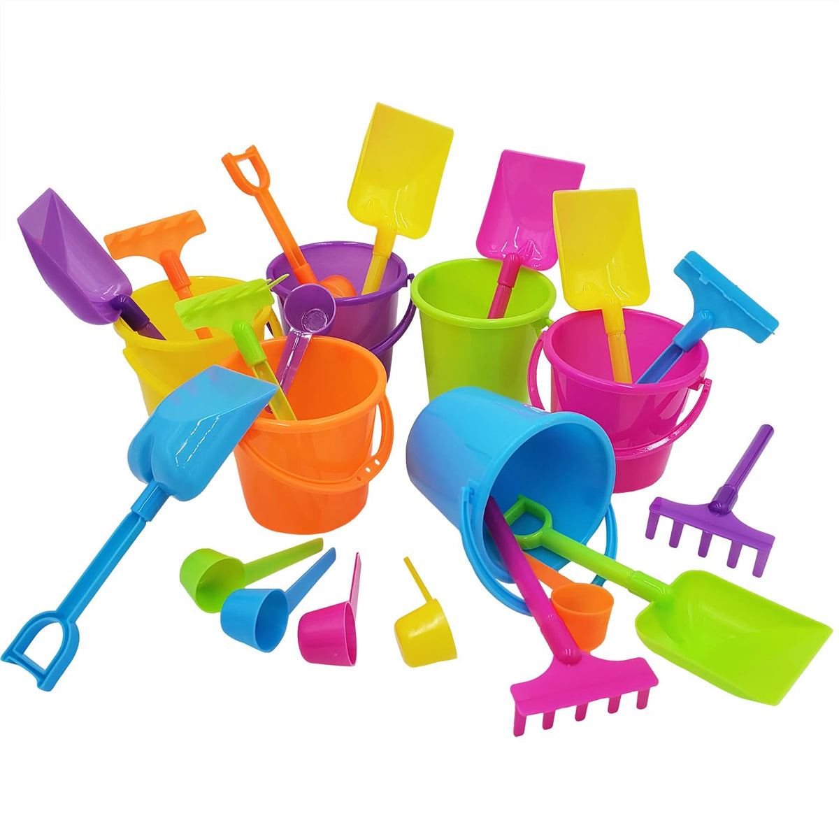 The Dreidel Company 6-Pack Mini Beach Playsets – Neon Sand Toys with Bucket, Shovel, Rake & Scoop