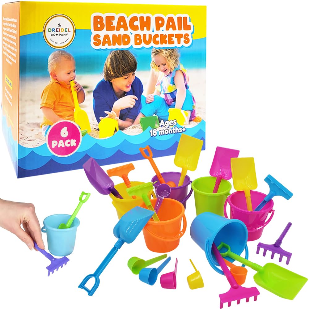 The Dreidel Company 6-Pack Mini Beach Playsets – Neon Sand Toys with Bucket, Shovel, Rake & Scoop