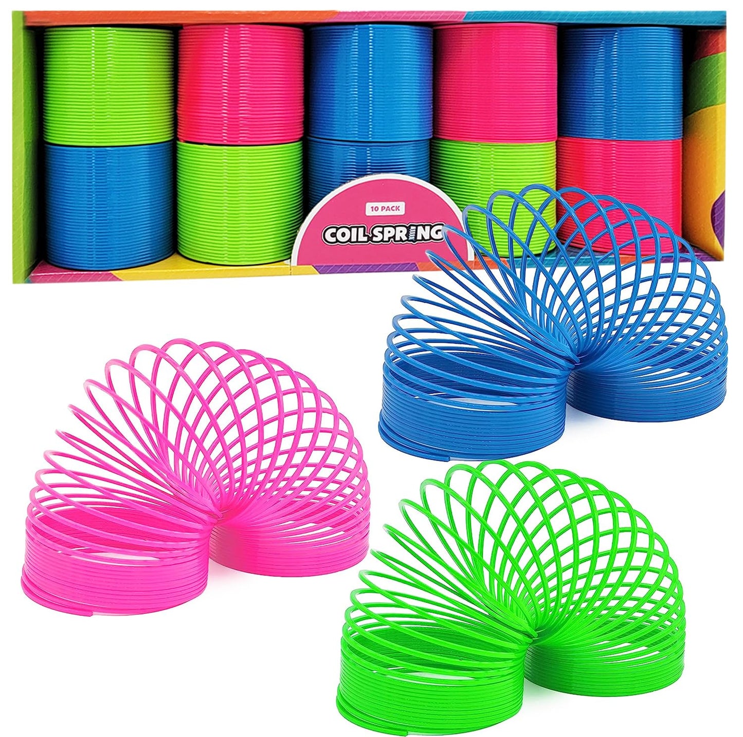 The Dreidel Company Neon Plastic Coil Spring Toys – 3-inch Multicolor Goody Bag Fillers (10-Pack)