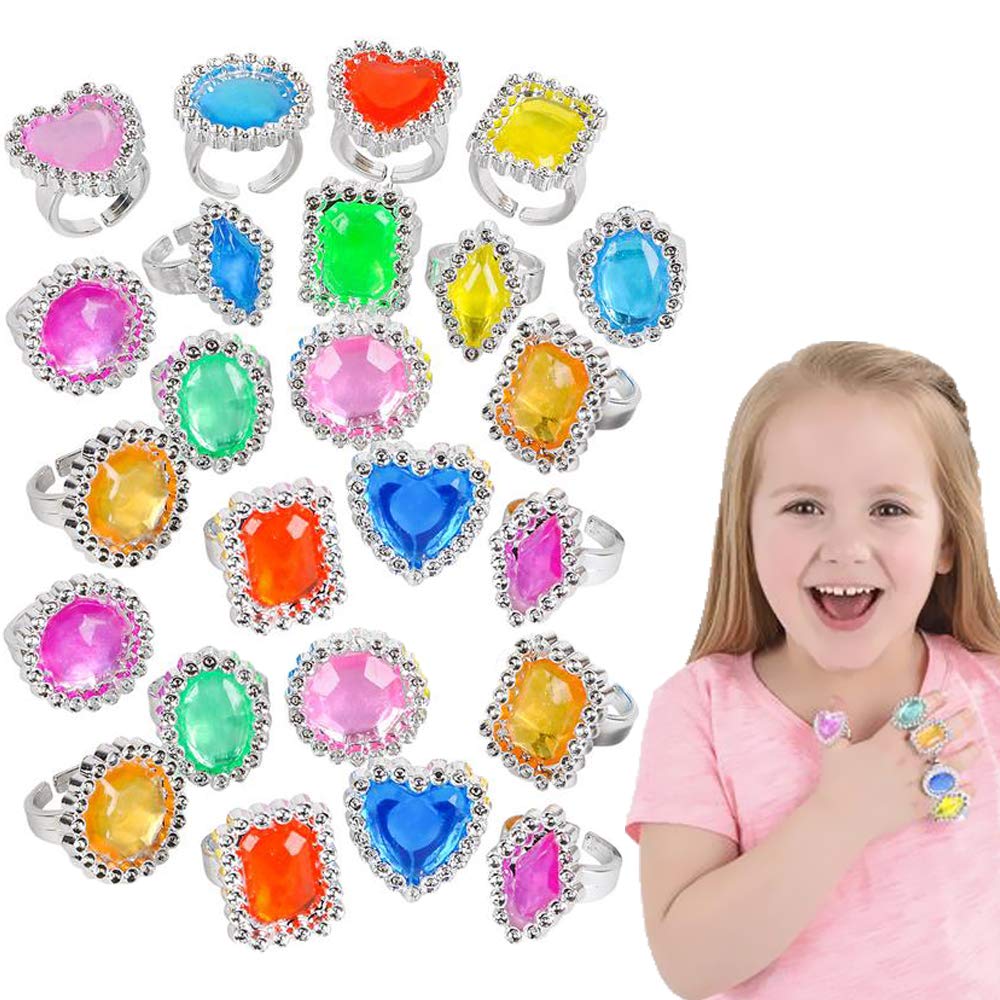 The Dreidel Company 24-Pack Colorful Plastic Jewel Rings – Adjustable Princess Party Jewelry 1-Inch