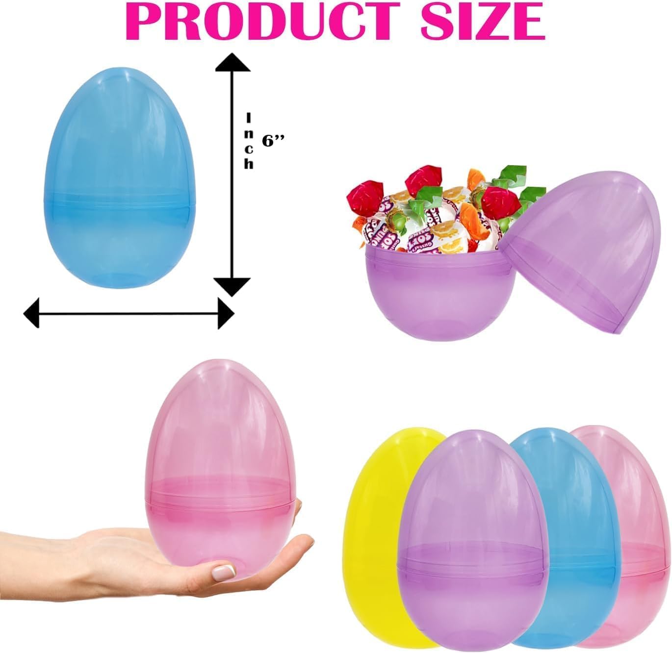 The Dreidel Company 6-Inch Fillable Easter Eggs 6-Pack — Jumbo Translucent Plastic, Stands Upright